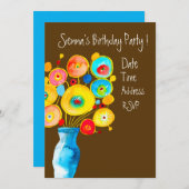 かわいいカラフルフラワーアート誕生日パーティー 招待状 (正面/裏面)
