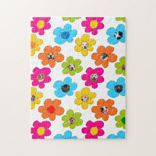 かわいいカラフルフラワードッグママおもしろいフォトコラージュ ジグソーパズル (縦)