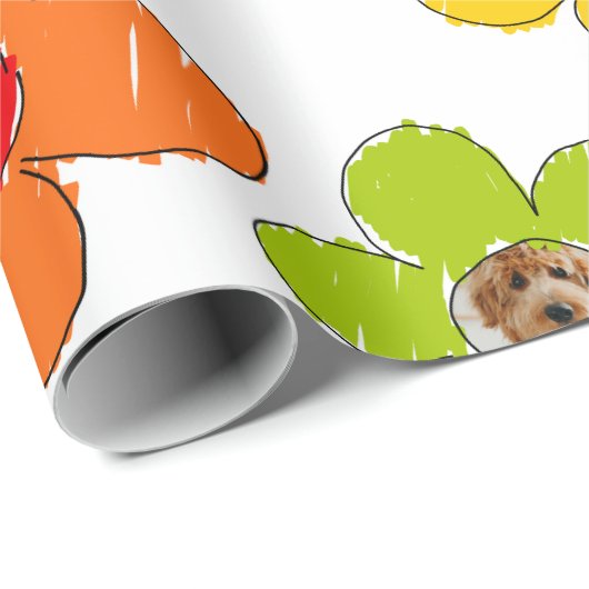 かわいいカラフルフラワードッグママおもしろいフォトコラージュ ラッピングペーパー (ロールコーナー)