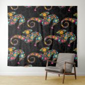かわいいカラフルフローラシーホースブラックダマスク タペストリー (インサイチュ(横))