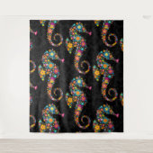 かわいいカラフルフローラシーホースブラックダマスク タペストリー (正面)