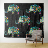 かわいいカラフルフローラゾウ黒ダマスク タペストリー (インサイチュ(横))