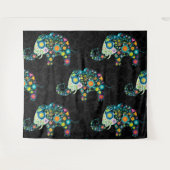 かわいいカラフルフローラゾウ黒ダマスク タペストリー (正面(横))