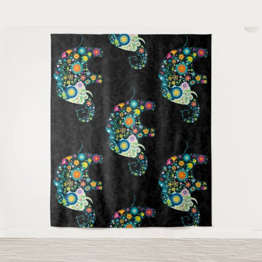 かわいいカラフルフローラゾウ黒ダマスク タペストリー (正面)