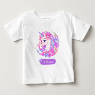 かわいいカラフルフローラユニコーンパーソナライズされたガール ベビーTシャツ