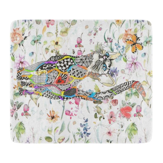 かわいいカラフルフローラ猫 カッティングボード (正面)