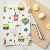 かわいいカラフルフードの模様（白） キッチンタオル (四つ折り)