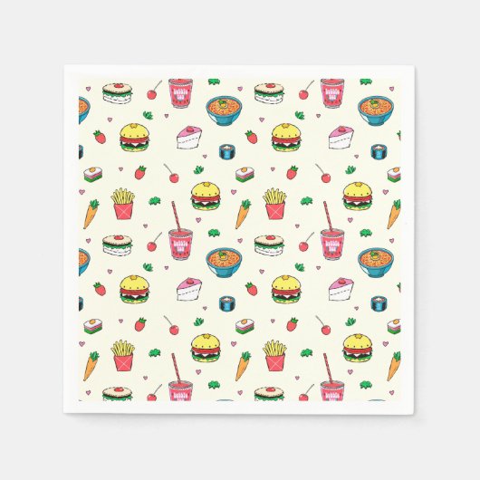 かわいいカラフルフードの模様(白) スタンダードカクテルナプキン (正面)