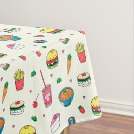 かわいいカラフルフードの模様（白） テーブルクロス