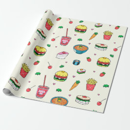 かわいいカラフルフードの模様（白） ラッピングペーパー