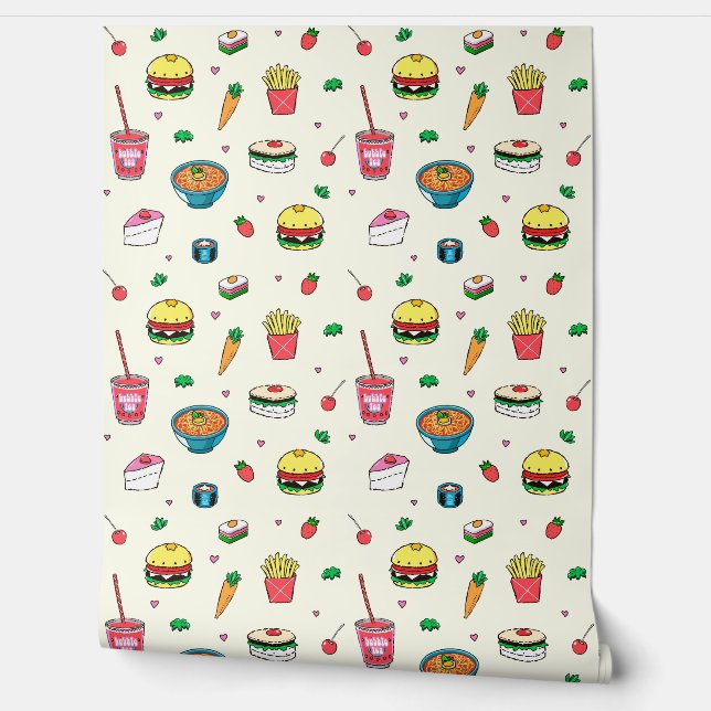 かわいいカラフルフードの模様（白） 壁紙 (ほどく)