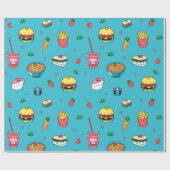 かわいいカラフルフードパターン青 ラッピングペーパー (フラット)