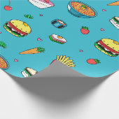 かわいいカラフルフードパターン青 ラッピングペーパー (角)