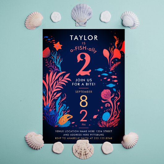 かわいいカラフルブルー海フィッシュサンゴ子供の誕生日 招待状