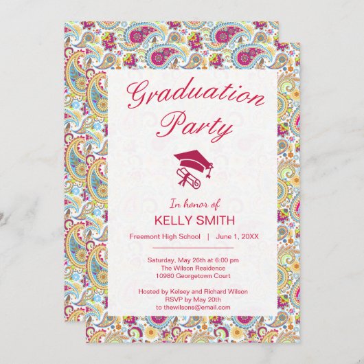 かわいいカラフルペイズリーパターン卒業パーティー 招待状 (正面/裏面)