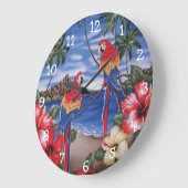 かわいいカラフルマコーパロットオンハワイアンビーチ ラージ壁時計 (傾斜)