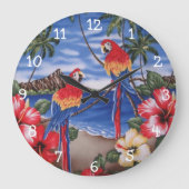 かわいいカラフルマコーパロットオンハワイアンビーチ ラージ壁時計 (正面)