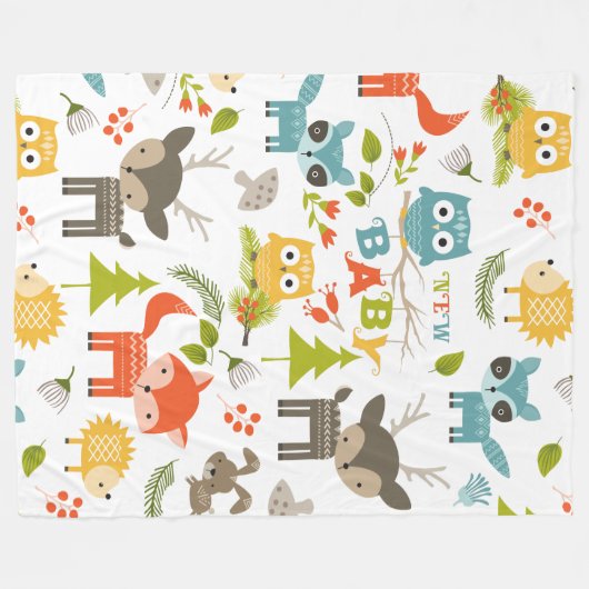 かわいいカラフルマンガの木製動物のパターン フリースブランケット (正面(横))