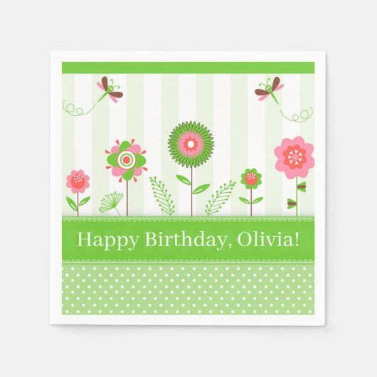 かわいいカラフルマンガの花と蝶 スタンダードカクテルナプキン (正面)