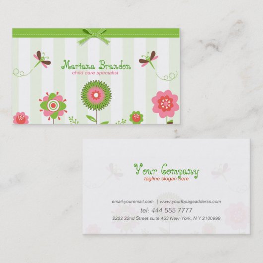 かわいいカラフルマンガの花と蝶 名刺 (正面/裏面)