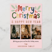 かわいいカラフルメリークリスマス家族フォトピンク 箔シーズンカード (正面)