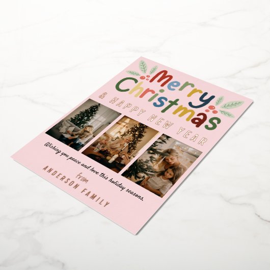 かわいいカラフルメリークリスマス家族フォトピンク 箔シーズンカード (回転した状態)