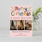 かわいいカラフルメリークリスマス家族フォトピンク 箔シーズンカード (立ち正面)