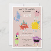 かわいいカラフルモンスタースピンクガールズバースデーパーティー 招待状 (正面)