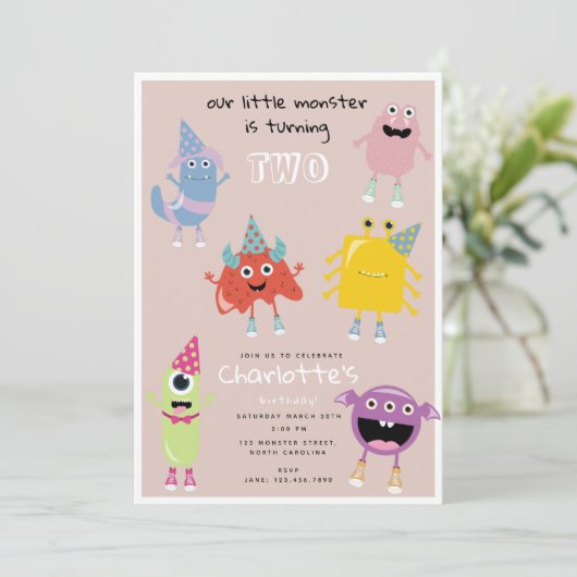 かわいいカラフルモンスタースピンクガールズバースデーパーティー 招待状 (スタンド正面)