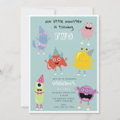 かわいいカラフルモンスターブルーボーイズ誕生日パーティー 招待状 (正面)