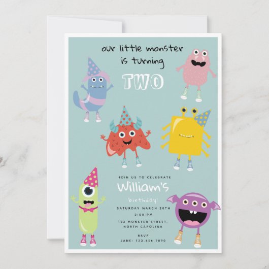かわいいカラフルモンスターブルーボーイズ誕生日パーティー 招待状 (正面)