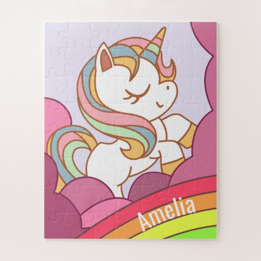 かわいいカラフルユニコーンとレインボーアートガールの名前 ジグソーパズル (縦)