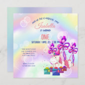 かわいいカラフルユニコーン虹の誕生日パーティー 招待状 (正面/裏面)