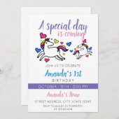 かわいいカラフルユニコーン1歳の誕生日 招待状 (正面/裏面)