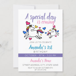 かわいいカラフルユニコーン1歳の誕生日 招待状