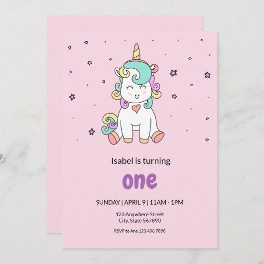 かわいいカラフルユニコーン | パステルピンク誕生日 招待状 (正面/裏面)