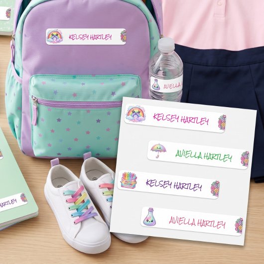 かわいいカラフルレインボーフラワー 学校テーマ女子 ラベル