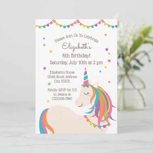 かわいいカラフルレインボーユニコーン子供の誕生日パーティー 招待状 (スタンド正面)