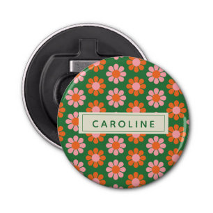 かわいいカラフルレトロの花柄緑のピンクの名前 栓抜き