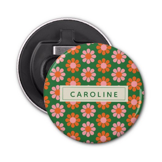 かわいいカラフルレトロの花柄緑のピンクの名前 栓抜き (正面)