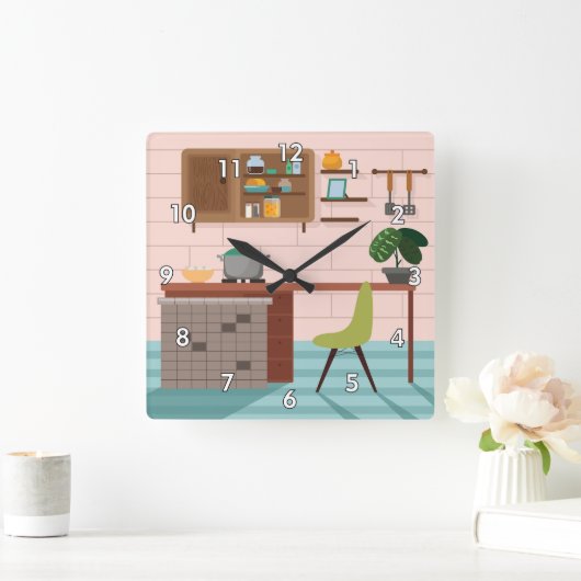 かわいいカラフルレトロキッチン スクエア壁時計 (ホーム)