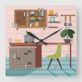 かわいいカラフルレトロキッチン スクエア壁時計 (正面)