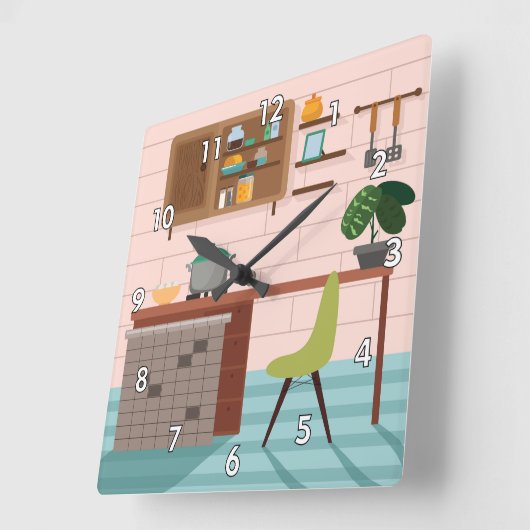 かわいいカラフルレトロキッチン スクエア壁時計 (傾斜)