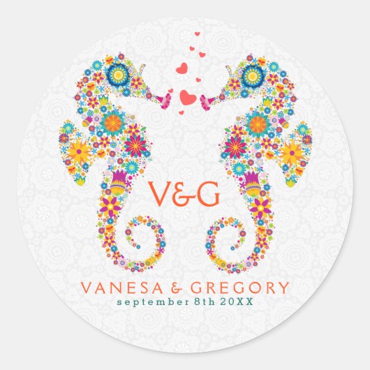 かわいいカラフルレトロフラワーラブシーウマ ラウンドシール (正面)