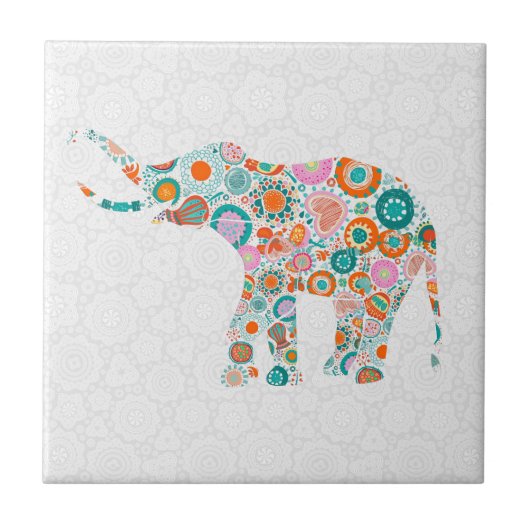 かわいいカラフルレトロフローラゾウ4 タイル (正面)