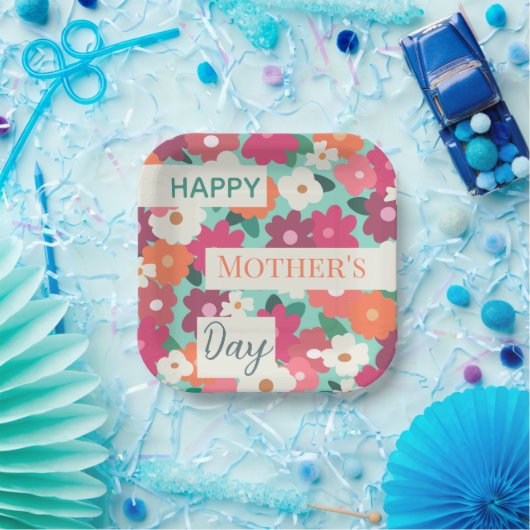 かわいいカラフルレトロフローラ/母の日 ペーパープレート (パーティー)