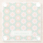 かわいいカラフルレトロ花柄グリーンピンク名 ガラスコースター (裏面)