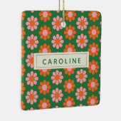 かわいいカラフルレトロ花柄グリーンピンク名 セラミックオーナメント (右)