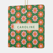 かわいいカラフルレトロ花柄グリーンピンク名 セラミックオーナメント (左)