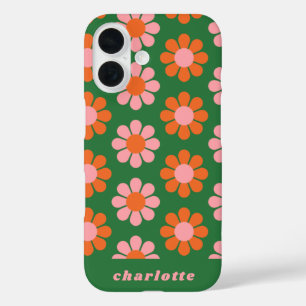 かわいいカラフルレトロ花柄グリーンピンク名 iPhone 16ケース